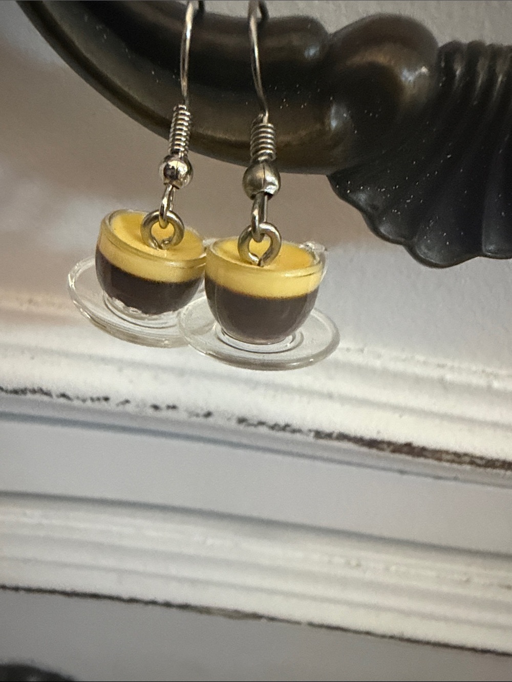 Cafe-Inspired Black and Cream Cappuccino Cup Drop Earrings
